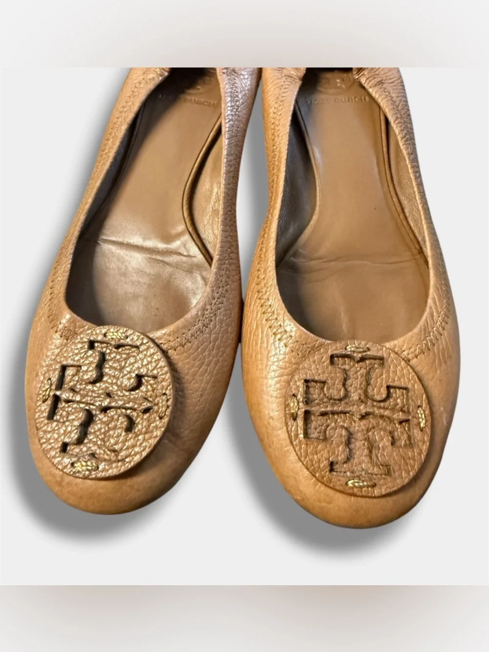 Tory Burch Royal Tan Reva Leather Ballet Flats Gold Logo Women’s Sz 9.5